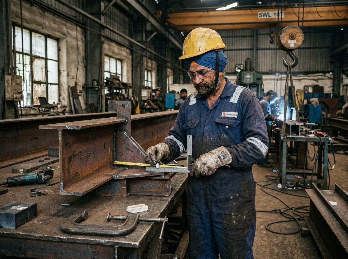Metal fabricator verifying structural steel dimensions at fabrication workshop bench