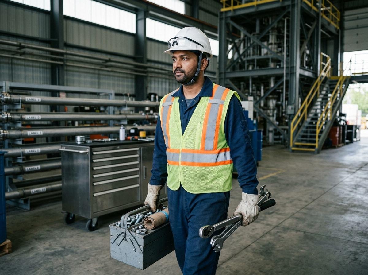 Industrial helper assisting mechanical crew with tool handling and bevel preparation