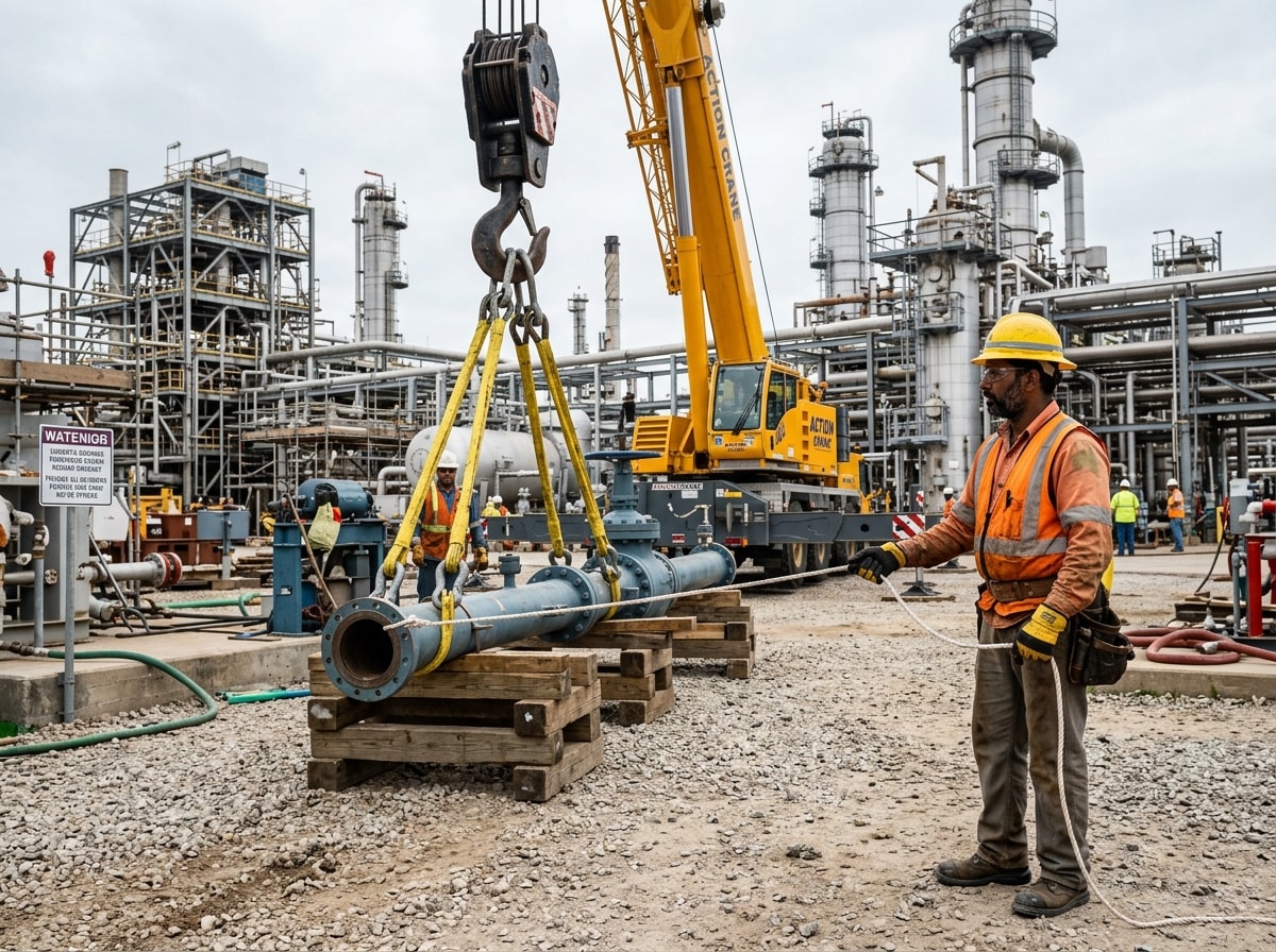 Industrial rigger guiding controlled equipment placement on site walkway