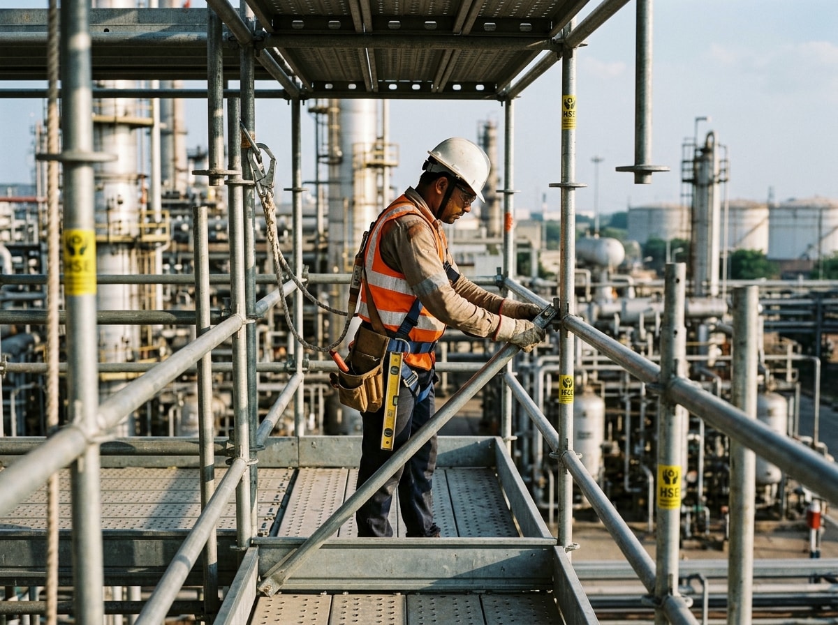 Scaffold team assembling modular industrial staging with fall protection equipment