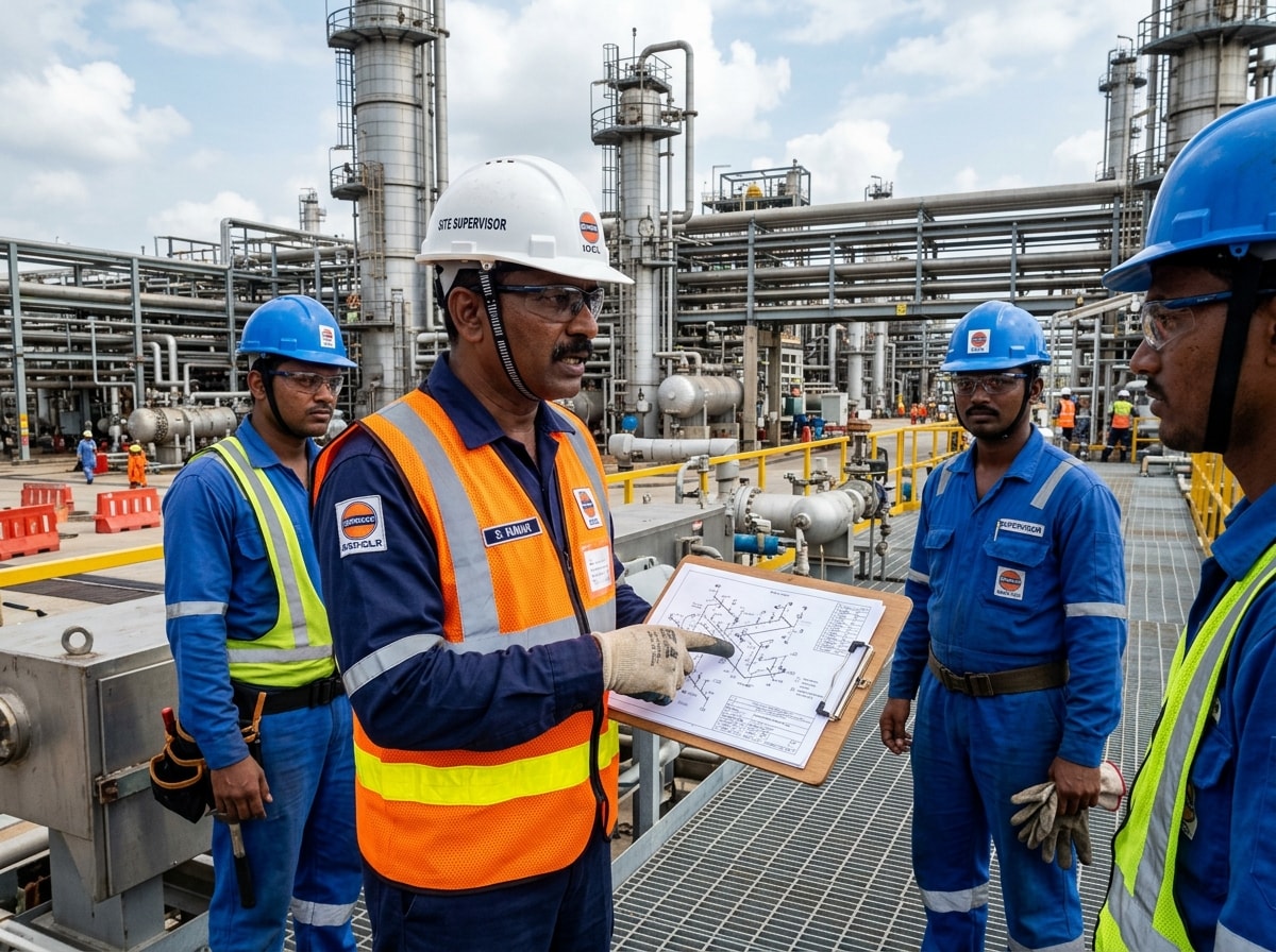 Site maintenance supervisor reviewing technical drawing in plant environment