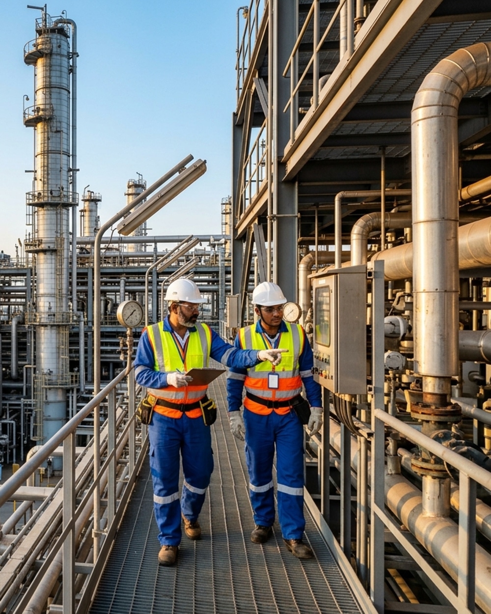 Authentic modern petrochemical refinery in eastern India with distillation columns, pipe racks, and maintenance technicians in safety PPE under morning daylight